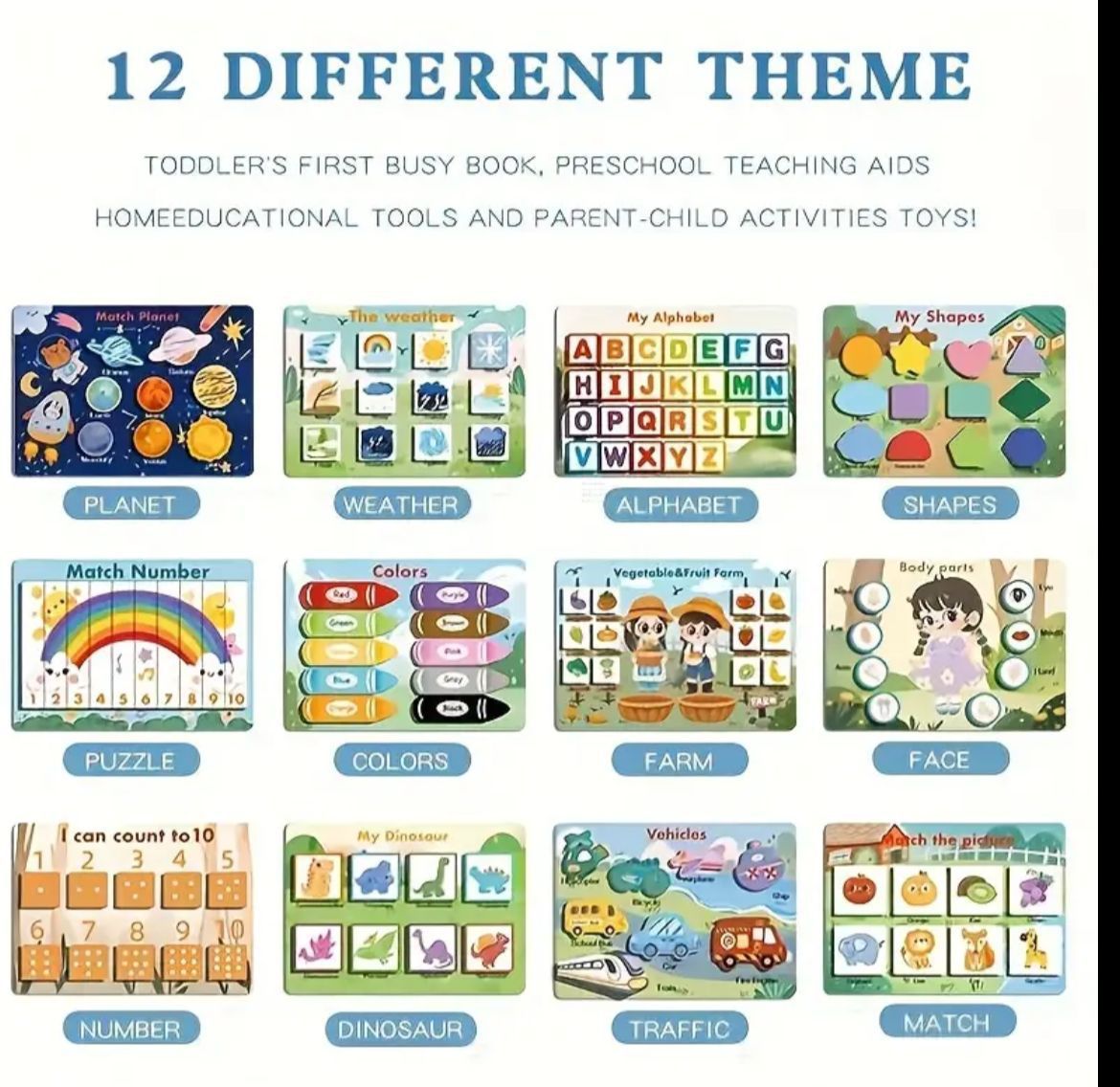 Montessori Busy Book for Kids, Educational Toy, 12 Pages Toddler Activity Binder
