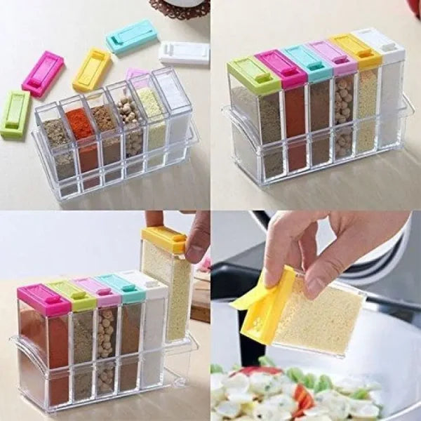 Set Of 6 Spice Jars Dispenser Masala Rack Easy Flow Storage Crystal Seasoning Box Multicolour